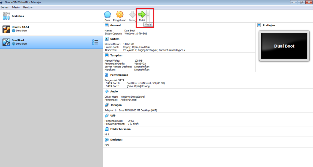 selesai membuat virtual box untuk dual boot