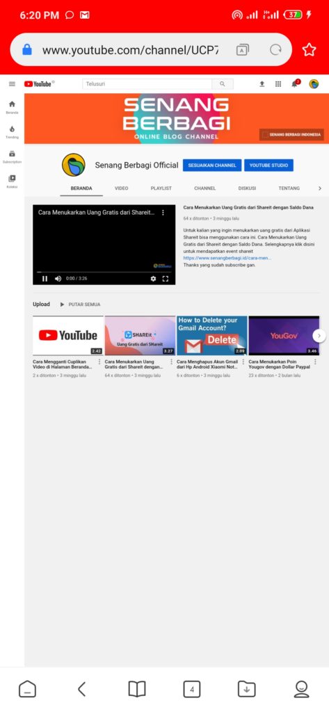 Channel Youtube dari Hp Android