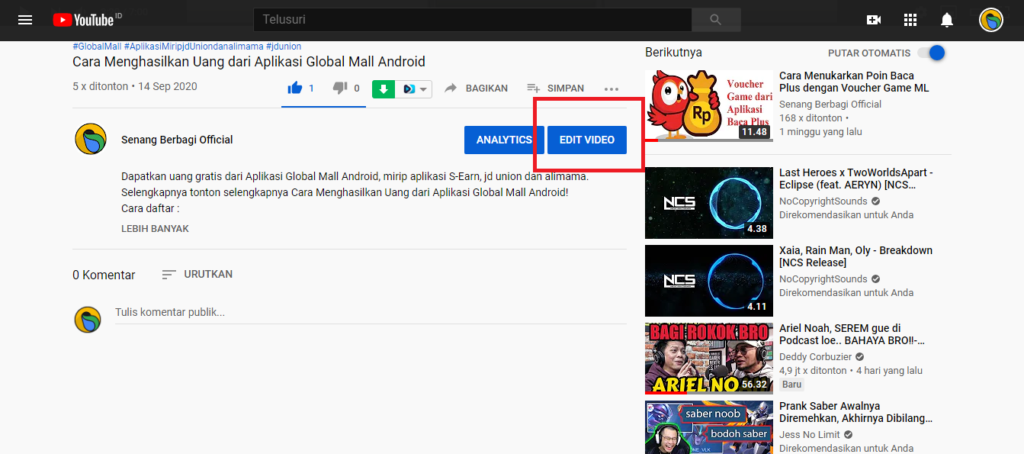 step selanjutnya silahkan klik edit Video seperti pada  gambar